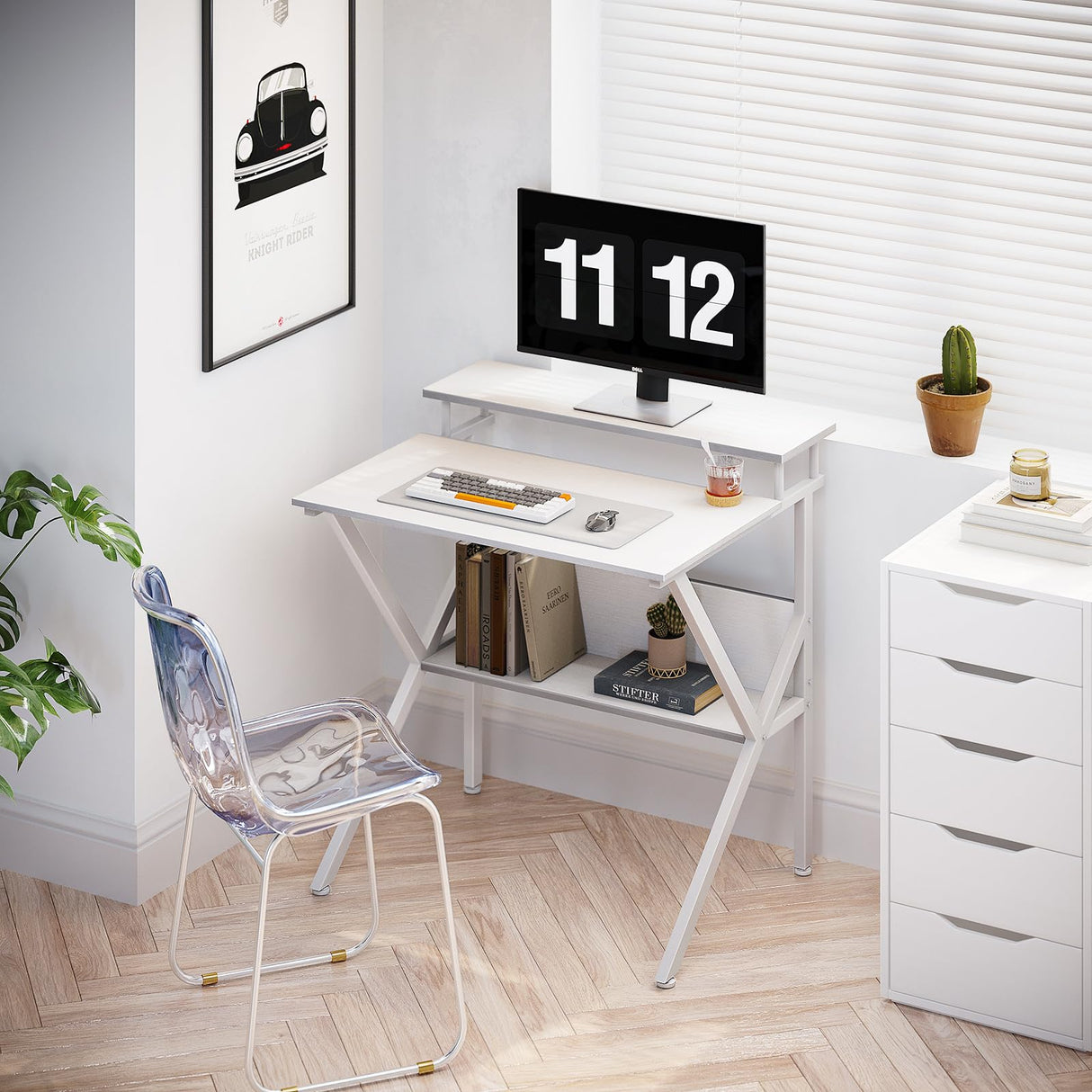 ODK Small Computer Desk, 27.5 inch Desk for Small Spaces with Storage, Compact Table with Monitor & Storage Shelves for Home Office, Modern Style Laptop Desk, Pure White ODK