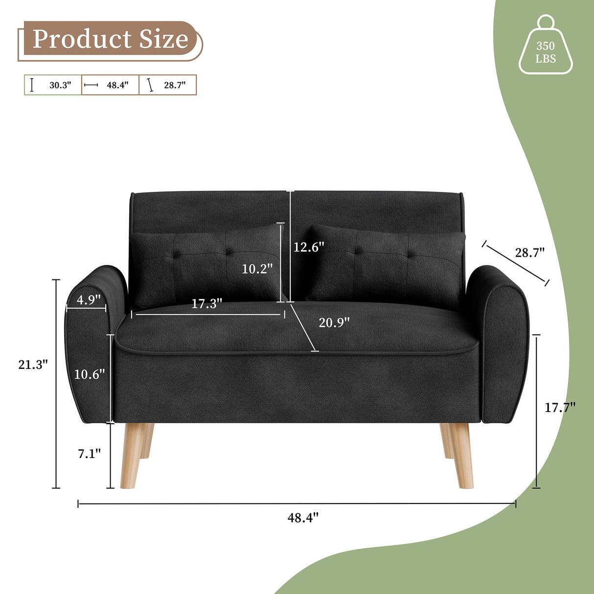 Vongrasig 47" Small Modern Loveseat Sofa, Mid Century Linen Fabric 2-Seat Sofa Couch Tufted Love Seat with Back Cushions and Tapered Legs for Living Room, Bedroom and Small Space (Black) Vongrasig