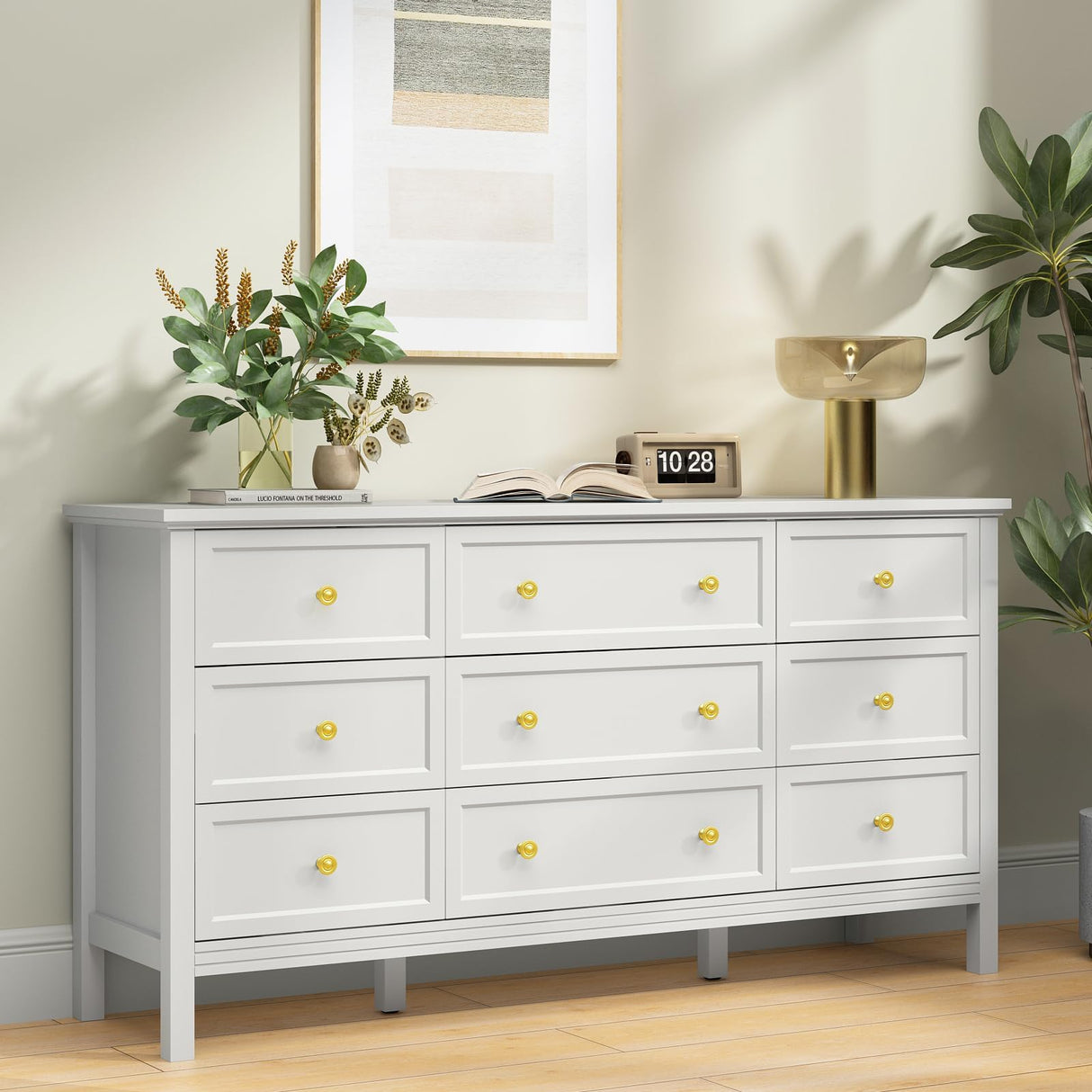 CARPETNAL 9 Drawer White Dresser for Bedroom with Deep Drawers, Large Dressers & Chest of Drawers With Gold Handle, Modern Long Dressers for Closet Bedroom, Living Room (59.25" W x 15.75" D x 30.9" H) CARPETNAL