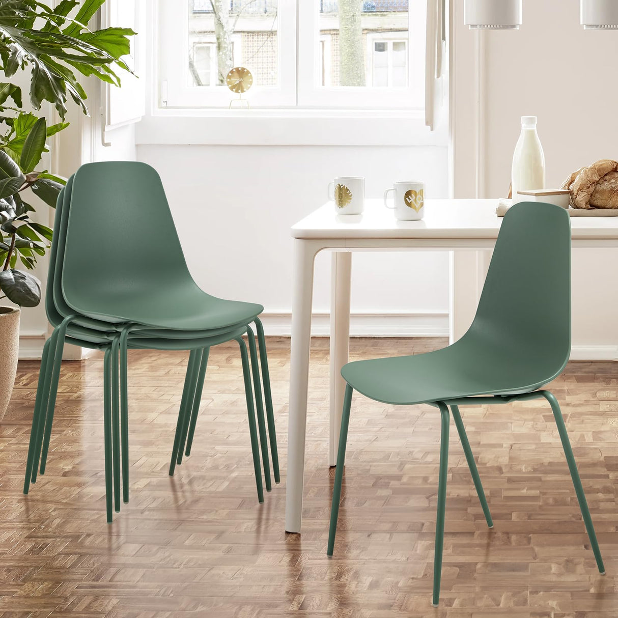 COLAMY Modern Dining Room Chairs Set of 4, Plastic Kitchen Chairs Stackable Patio Chairs with Metal Legs for Indoor, Outdoor, Restaurant, Bistro, Cafe, Light Green COLAMY