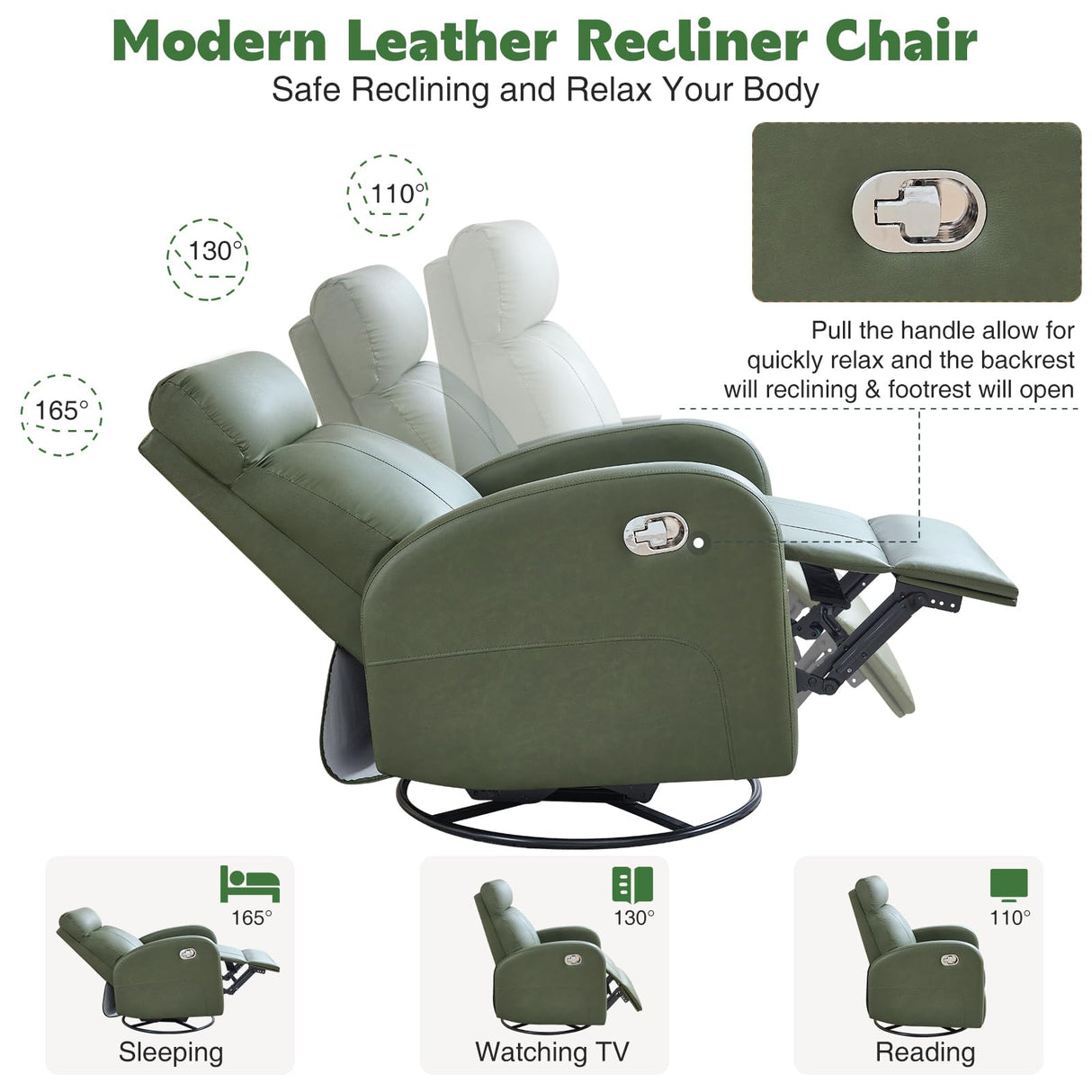 HOMYKA Swivel Rocker Recliner, Faux Leather Rocking Recliner Chair with Manual Adjustable Footrest, Reclining Chair Nursery Glider Recliners for Small Spaces, Living Room, Dark Green HOMYKA