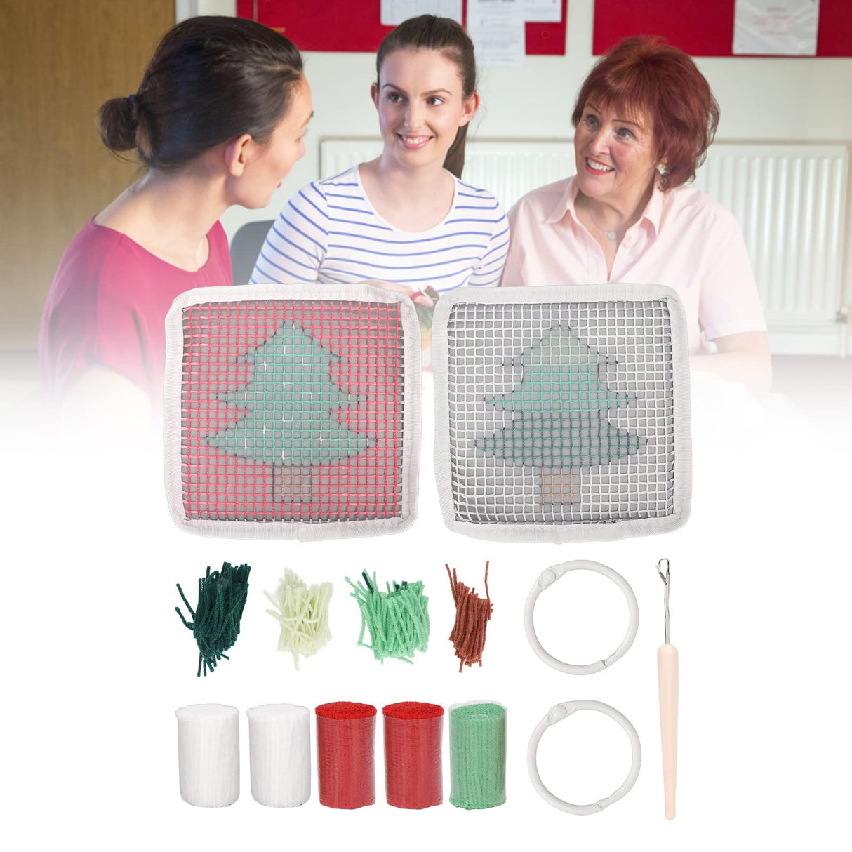 Tgoon Latch Hook Rug Kit , Christmas Tree Pattern Latch Hook Cup Mat Simple to Use Comfortable Touch Enough Quantity for DIY , Cute Mini Rug Sewing Set Latch Hook Kits for Kids Tgoon