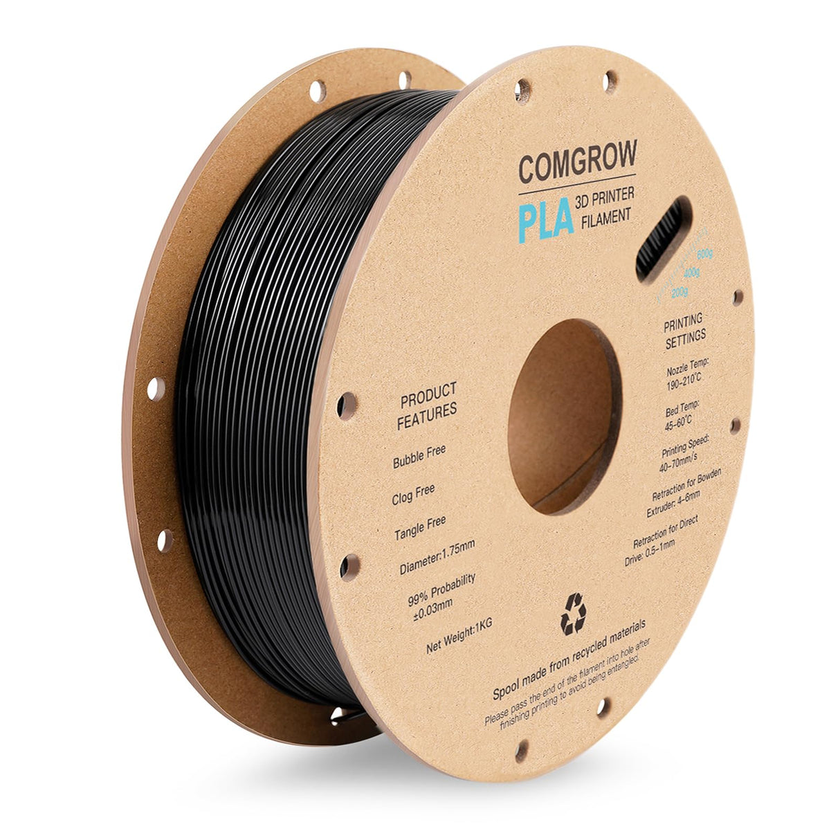 Comgrow PLA 3D Printer Filament, 3D Printer PLA Filament 1.75mm, Dimensional Accuracy +/- 0.02 mm, 1KG Spool PLA Black Comgrow