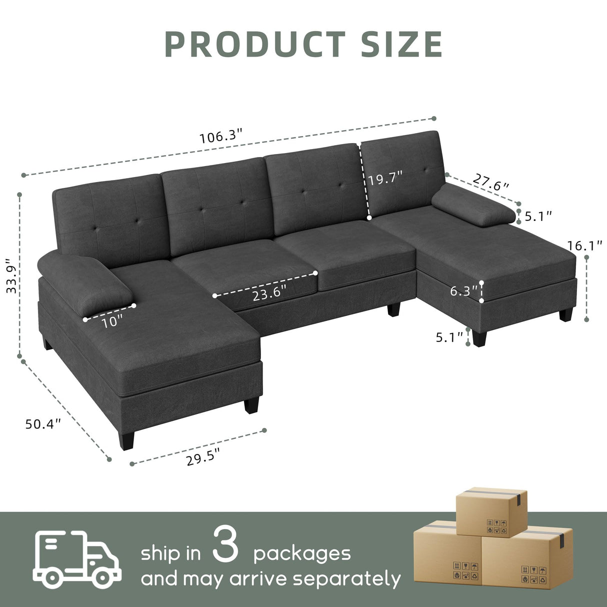 Shintenchi U-Shaped Sectional Sofa with Double Chaise, 4-Seat Linen Fabric Living Room Furniture Set, High-Density Cushions for Ultimate Comfort & Modern Style, Black Shintenchi