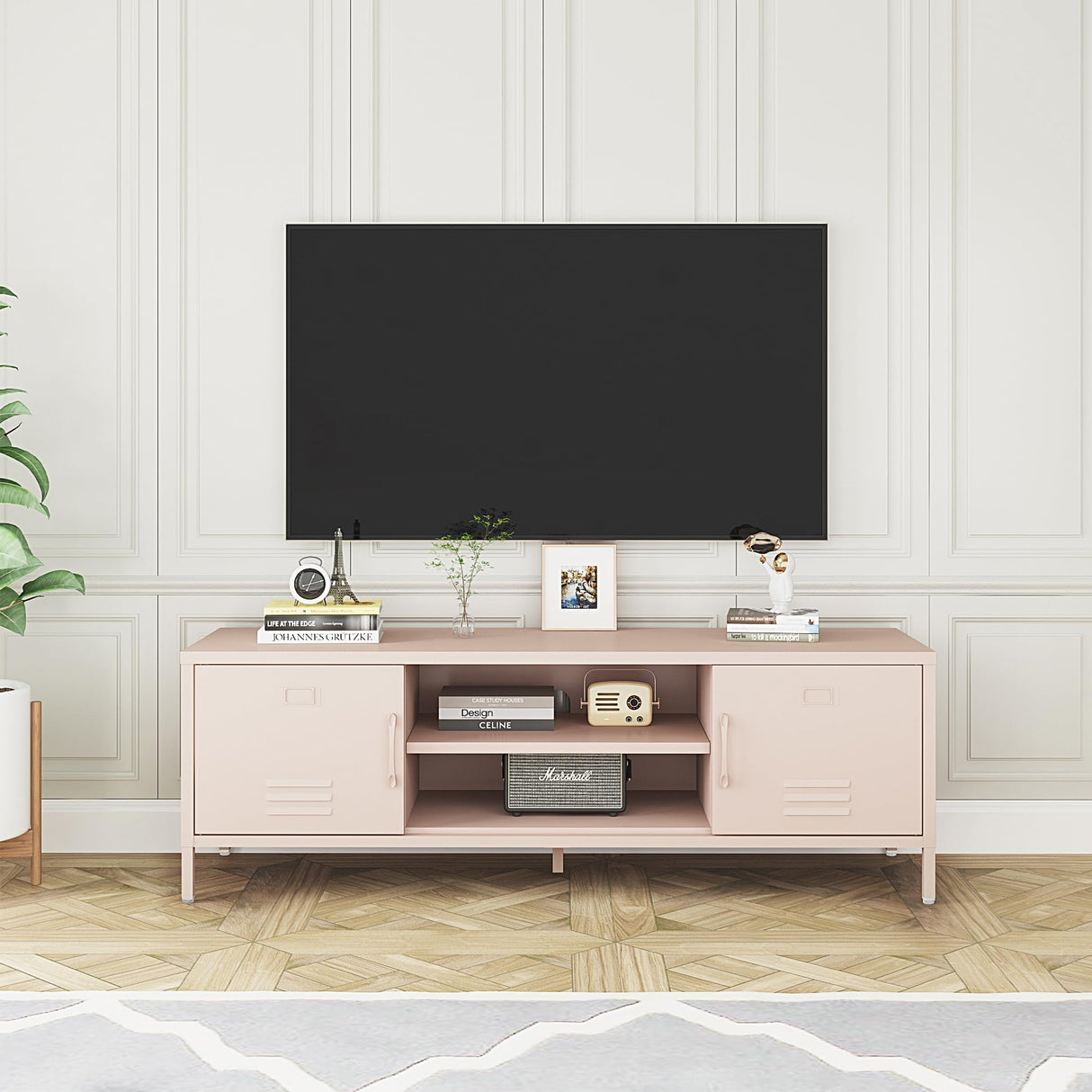 Steehoom TV Stand for 55 60 inch TV, Metal TV Cabinet Modern Mid Century Entertainment Center with Storage, TV Industrial Media Console Table 2 Cabinet for Living Room, Bedroom, Office (Pink) Steehoom