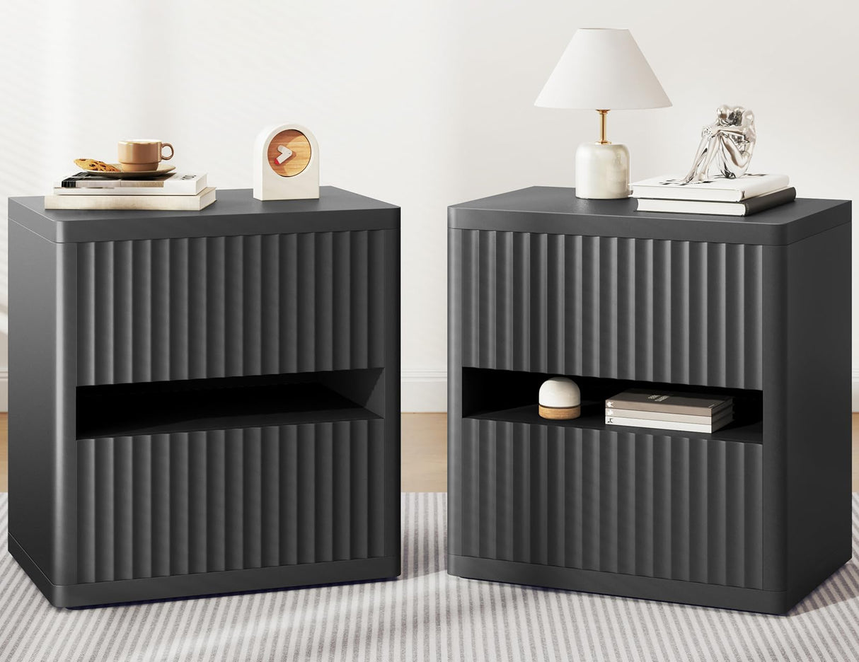 Dripex Fluted Nightstand with 2 Drawers, Large Wide Wood Night Stand Bedside Tables for Bedroom, Mid-Century Modern Storage Bed Side Table, End Tables for Living Room Sofa Couch, Black, Set of 2 Dripex