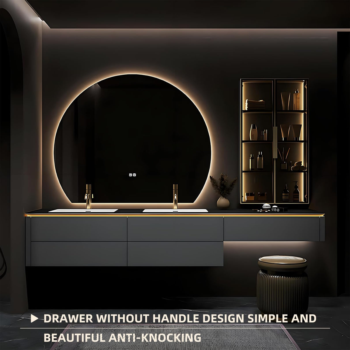 72IN Bathroom Vanities, Modern Bathroom Cabinet with Double Sink, Floating Bathroom Vanity Set with Round Light Mirror & Glass Side Cabinet, Solid Wood Vanity with Extended Makeup Table (White) LUTHXAY