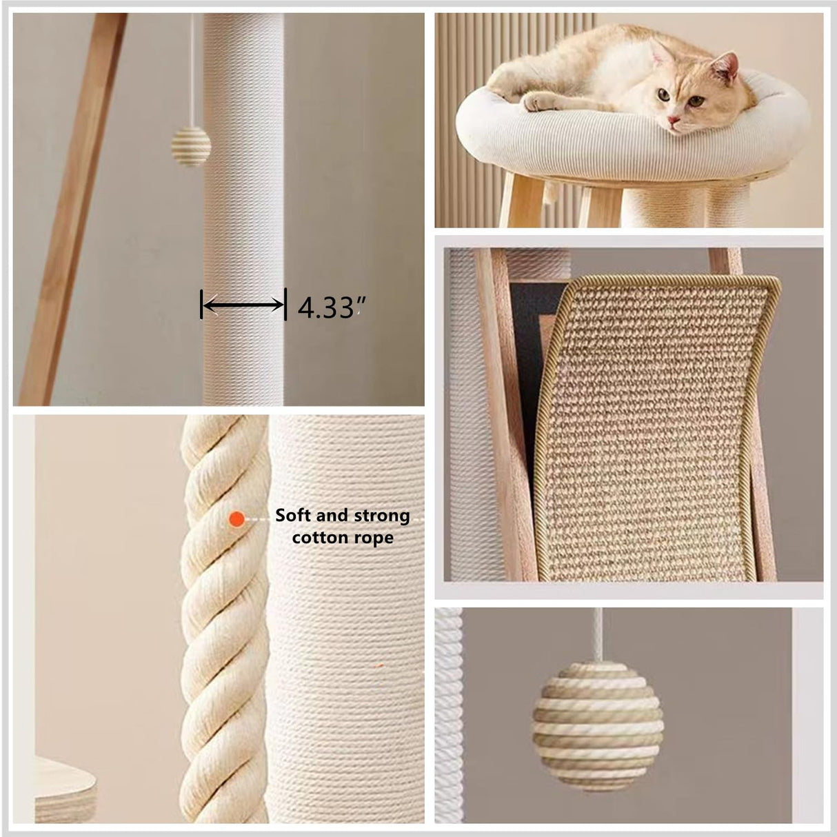 SHENGOCASE Modern Natural Wood Cute Multifunctional Cat Tree Tower Small, Large Sisal Scratching Post, Tilted Angled Ramp Scratcher, Climbing Rope Toy and Cuddle Bed SHENGOCASE