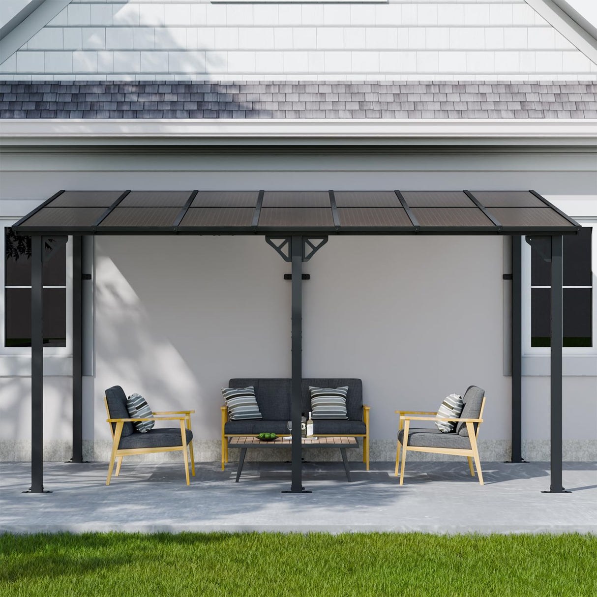 EBE 14' x 10' Gazebo, Hardtop Lean to Gazebo with Sloped Roof, Large Wall Mounted Gazebo Pergola, Metal Awning for Patio, Decks, Backyard EBE