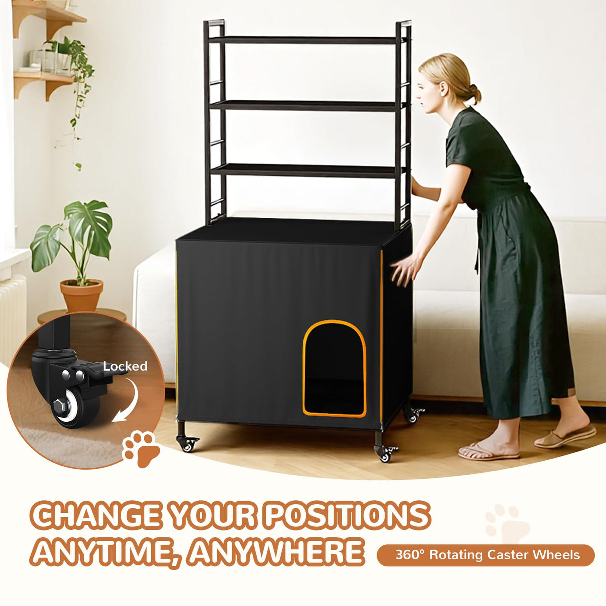 Lekereise Cat Litter Box Enclosure, Large Hidden Litter Box Furniture with Removable Waterproof Cover, Kitty Litter Box Furniture with 3-Tier Adjustable Shelves Storage and Wheels (70.87”H, Black) Lekereise