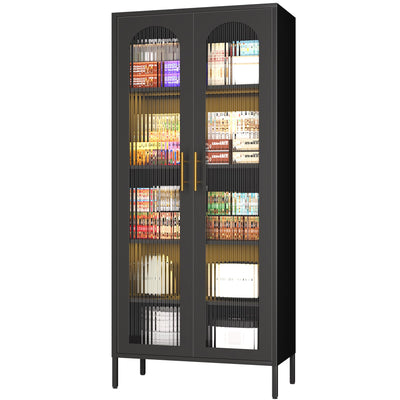 OSEILLC Metal Storage Cabinet,71" Display Cabinet with Fluted Glass Doors,Tall Display Curio Cabinet with Doors and Shelves,Black Cabinet for Pantry,Kitchen,Living Room
