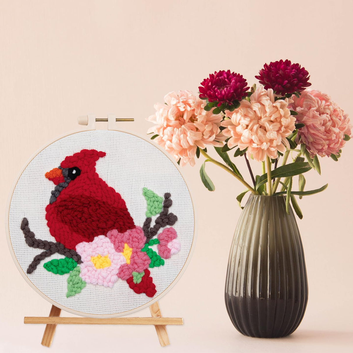 Louise Maelys Beginners Punch Needle Kits,for Starter Adults,Rug Cross Stitch Kit Tool Including Handle Embroidery Pen,Cloth,Hoop,Threads and Instruction-Cardinal Bird Pattern Louise Maelys