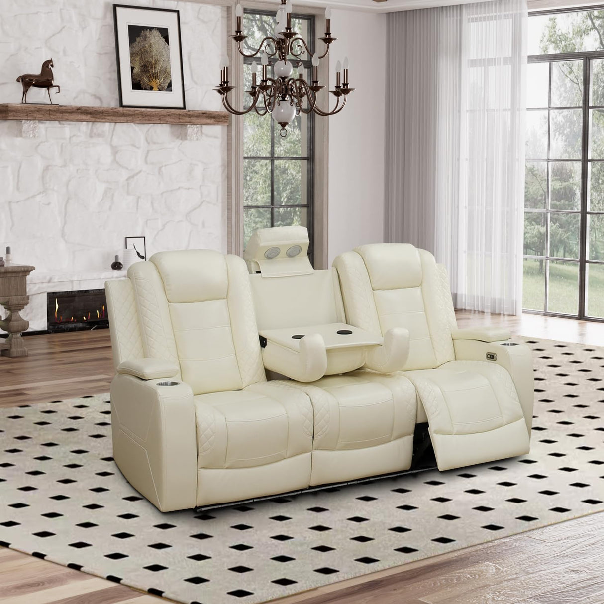 GEBADOL Power Recliner Sofa Set, Breathing Leather Sofa Set with Storage Console/Cup Holders/USB Ports, Leather Reclining Couch Set for Living Room (Creamy White, Sofa+LOVESEAT+Chair) GEBADOL