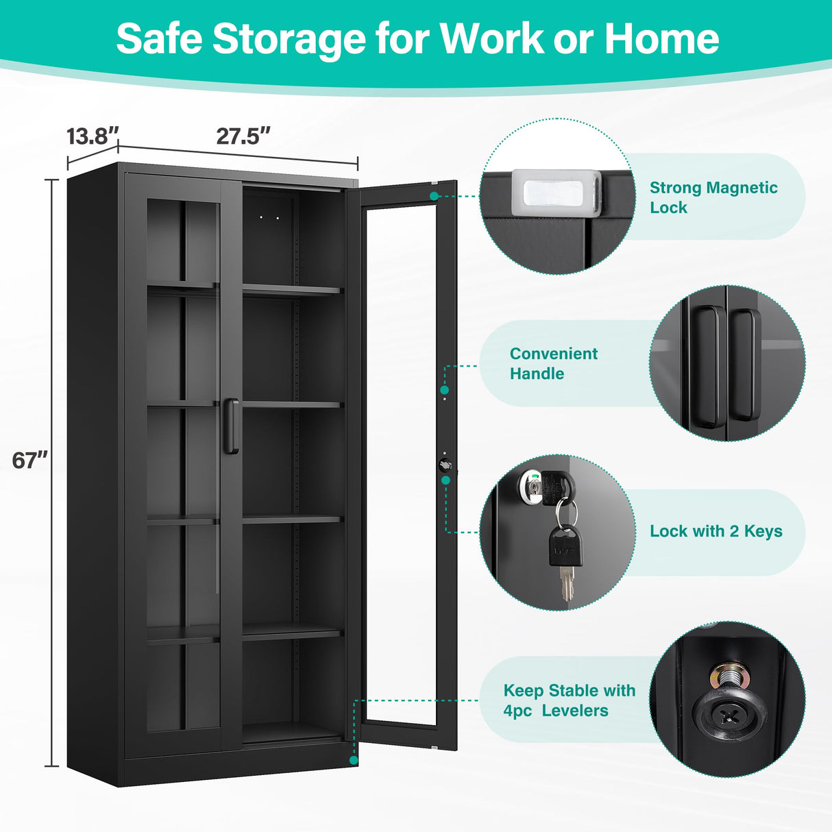 SISESOL Metal Storage Cabinet with Lock and Glass Doors,Glass Display Cabinet,67" Tall Black Storage Cabinets,Locking Curio Cabinets with 5 Shelves for Collectibles,Home,Office,Living Room SISESOL