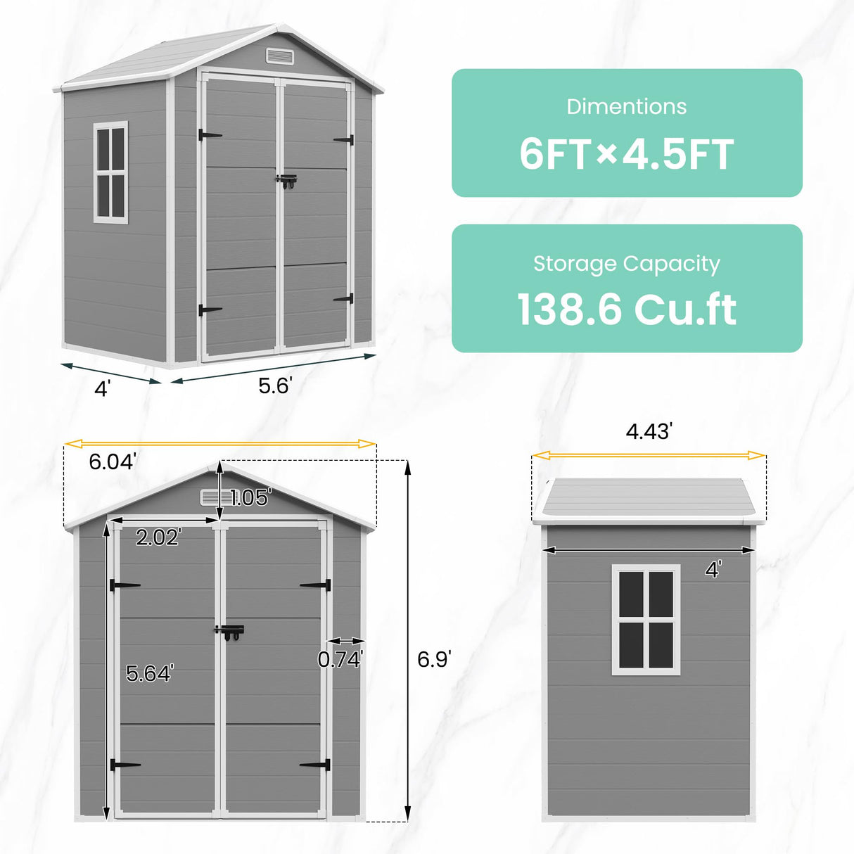 UDPATIO Outdoor Resin Storage Shed 6x4.5 FT, Plastic Garden Shed for Bike, Garbage Can, Tool, Outside Sheds with Lockable Door for Backyard, Patio, Lawn, Grey & White UDPATIO