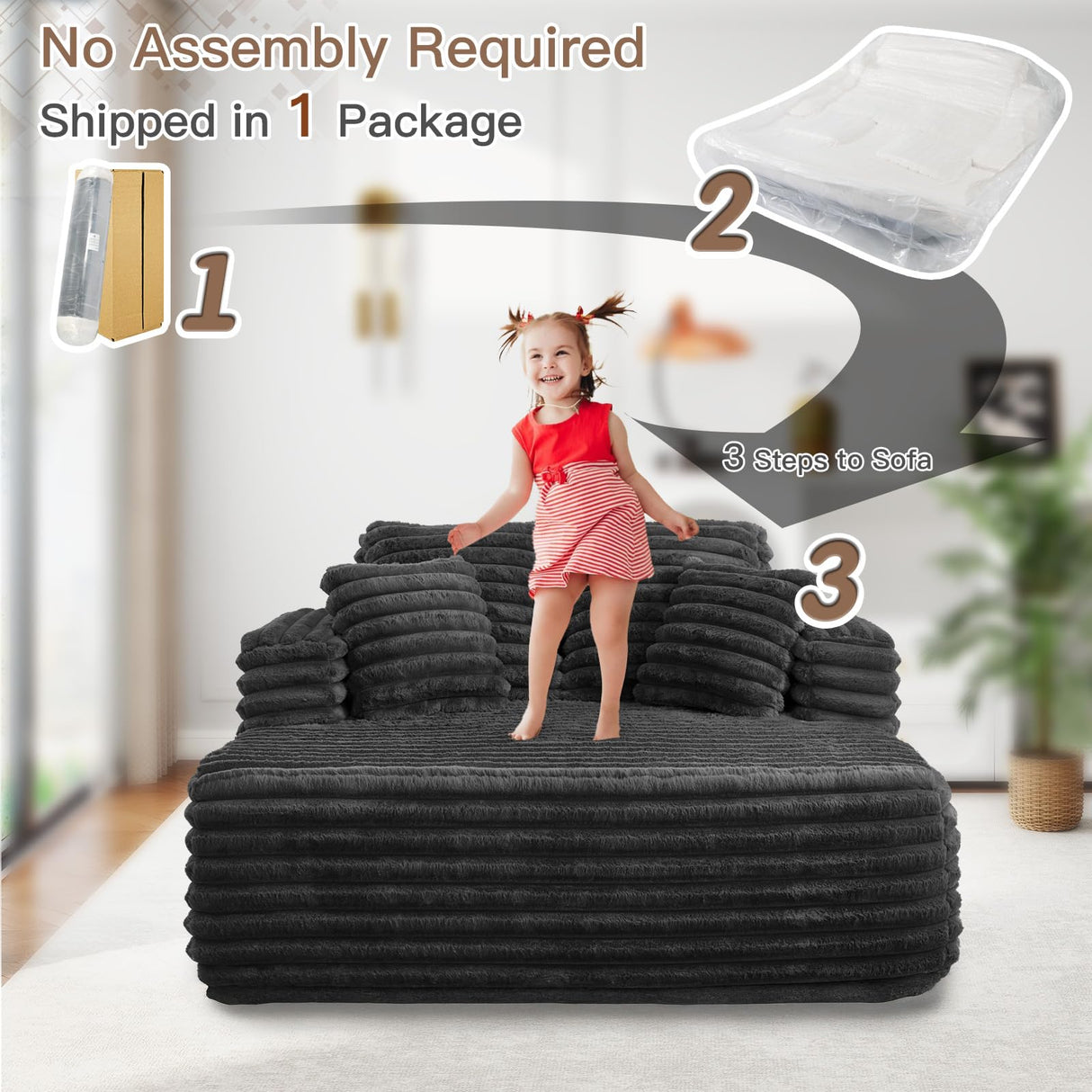 JEEOHEY 56"W Oversized Chaise Lounge Chair Indoor,Plush Faux Fur Sleeper Sofa Couch Bed with Pillows&Wide Armrest,Fluffy Comfy Cloud Sofa,Compression Foam Boneless Couch for Living Room,Bedroom(Black) JEEOHEY