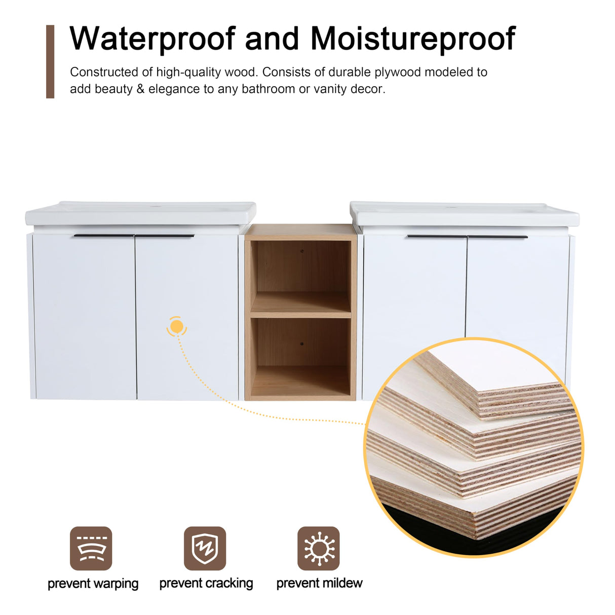 Malwee 60" Floating Bathroom Vanity with White Ceramic Basin Sink Top, 60 Inch Double Sink Wall Mounted Bathroom Vanity, with 4 Doors and Storage Shelve Malwee