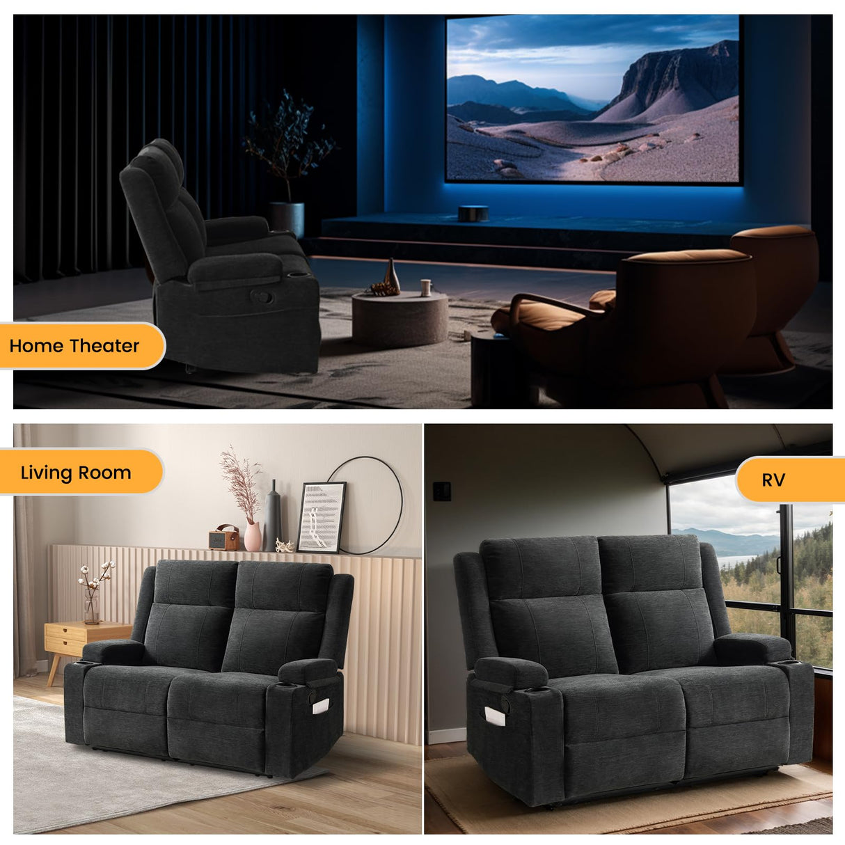 RIHEREFY Loveseat Recliner, Loveseat Sofa with Adjustable Footrest, Wall Hugger Recliner for Living Room & Home Theater & RV(Black) RIHEREFY