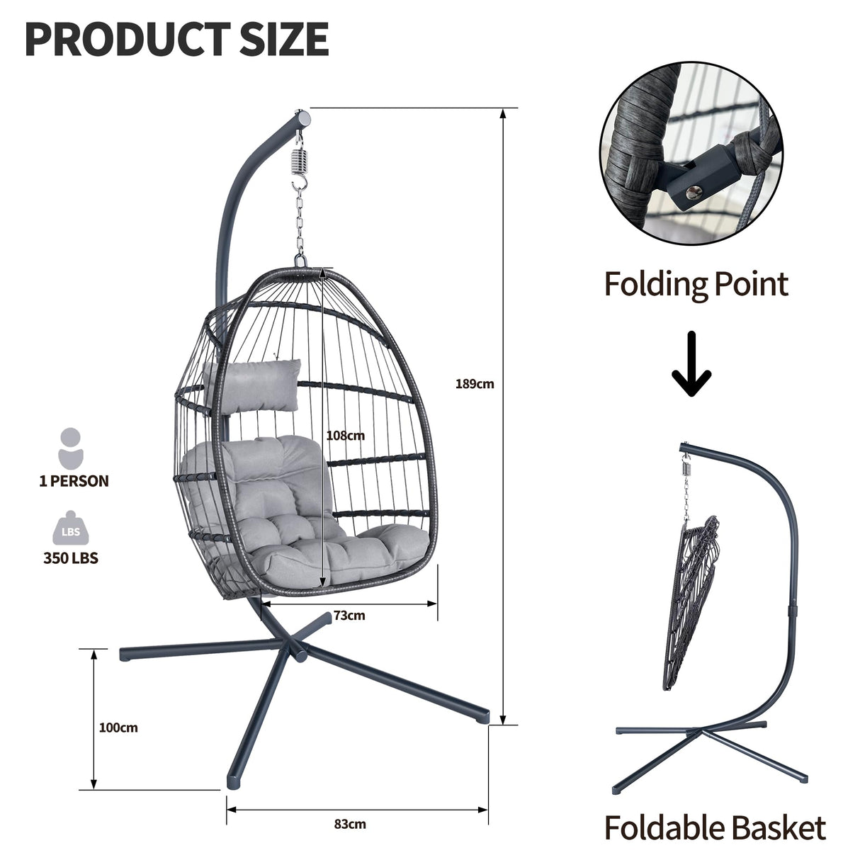 EcoTide Hanging Egg Chair with Stand, Indoor Outdoor Swing Egg Chair, Patio Wicker Rattan Hammock Egg Chairs with Cushion for Bedroom, Balcony, Garden,350LBS Capacity-Grey EcoTide