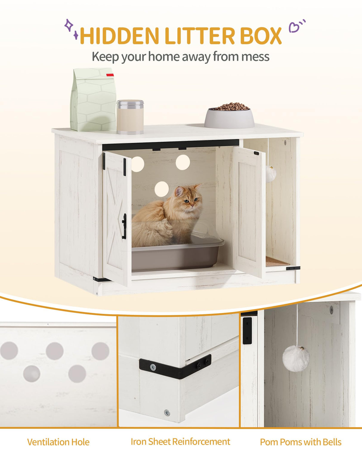 Hzuaneri Cat Litter Box Enclosure, Hidden Litter Box Cabinet Furniture with Bell, Indoor Cats House, Farmhouse Style, 31.5 x 19.7 x 20.9Inches, for Hallway, Bedroom, White CB82414B Hzuaneri