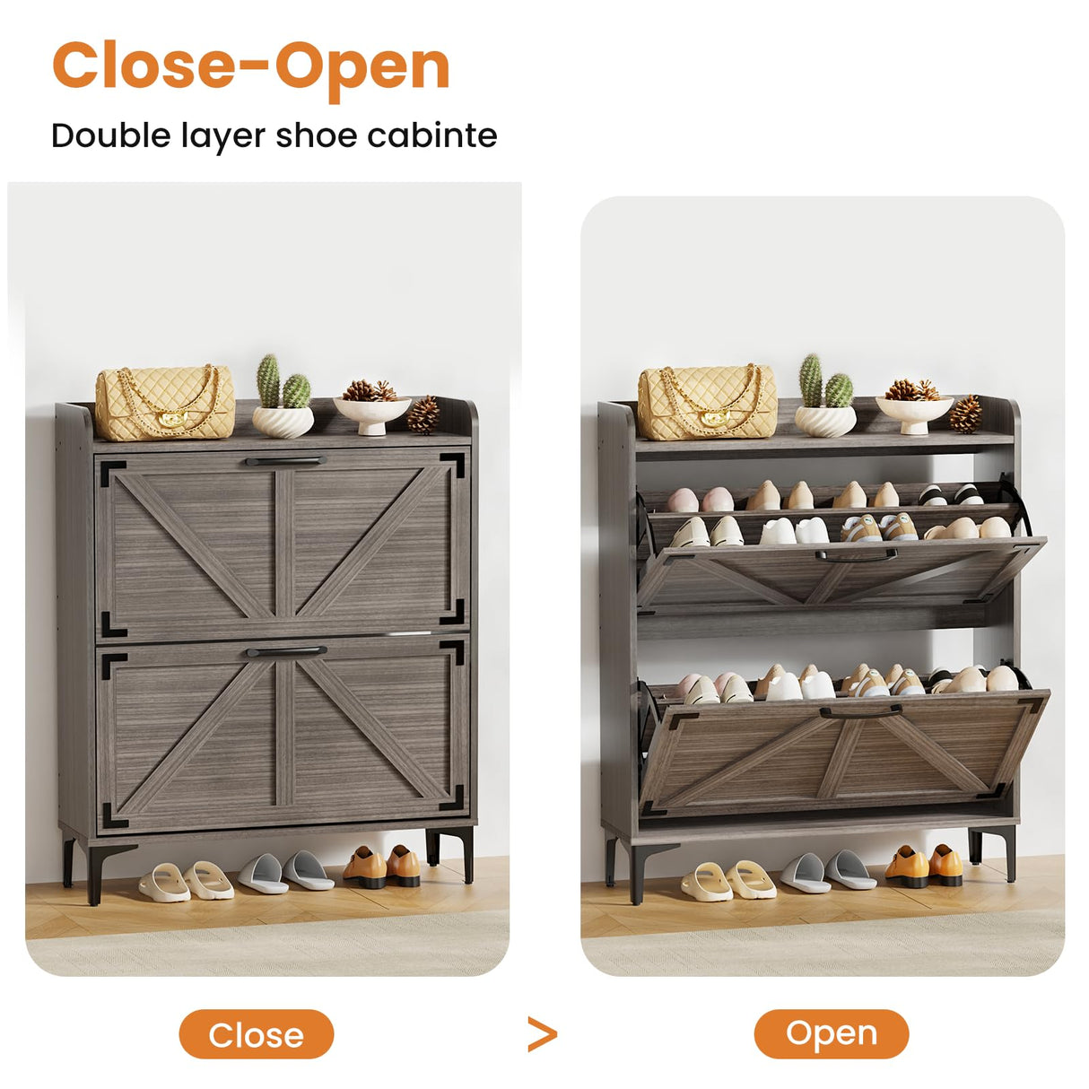 Derfullo Shoe Cabinet with 2 Flip Drawers,Shoe Storage Cabinet for Entryway,Freestanding Shoe Cabinet Organizer with Open Storage, Narrow Farmhouse Shoe Rack with Legs, Washed Gray Derfullo