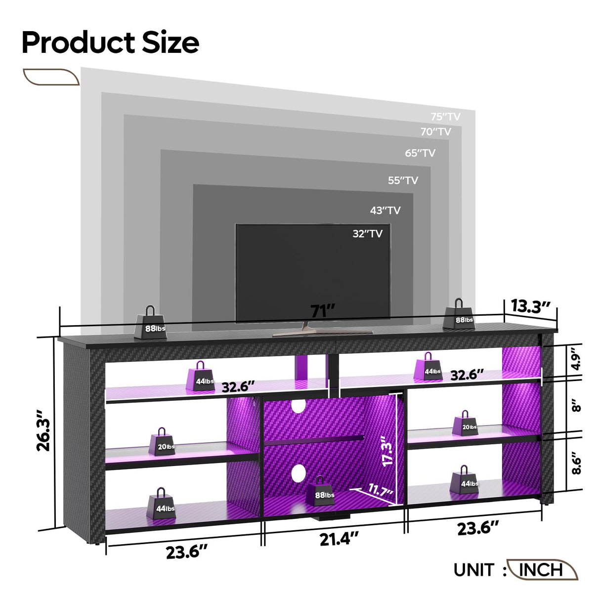 Bestier Tall TV Stand for 75 inch TV, LED Entertainment Center, Gaming TV Console with Storage for PS5, Modern TV Cabinet for Bedroom, Living Room, Black Carbon Fiber Bestier