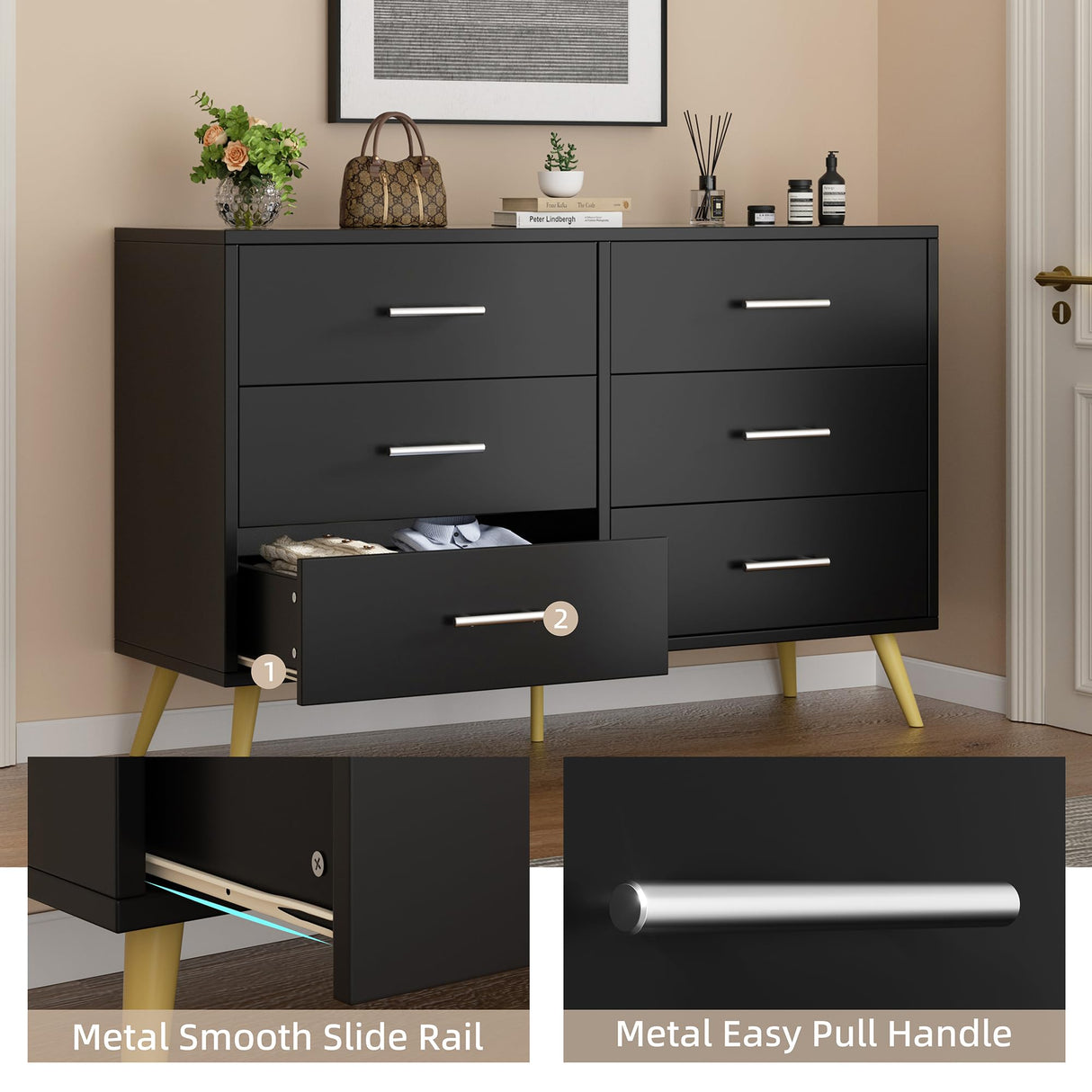 Shintenchi 6 Drawer Dresser, Wide Chest of Drawers Organizer Storage with Drawers, Large Storage Cabinet, Modern Design Dresser for Bedroom, Living Room, Porch, Black Shintenchi