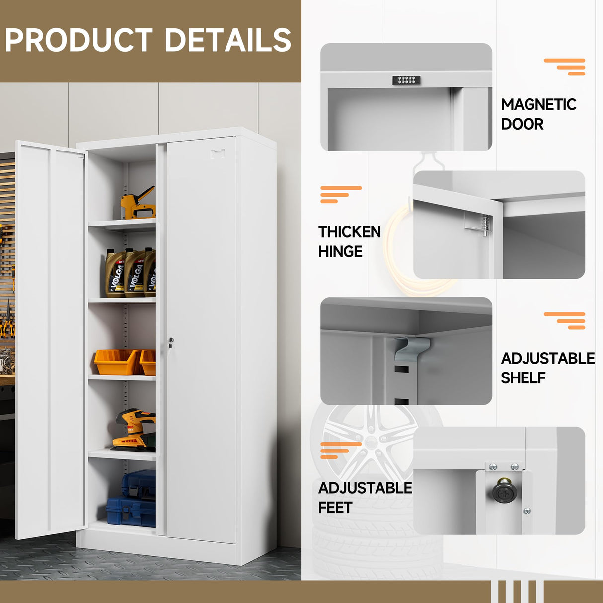 Firstsky Metal Garage Storage Cabinet with Lock, 71" Lockable Garage Cabinet with Doors and Shelves, Steel Lockable File Cabinet, Locking Tool Cabinets for Home, Office, Garage(White, 71 inch) Firstsky