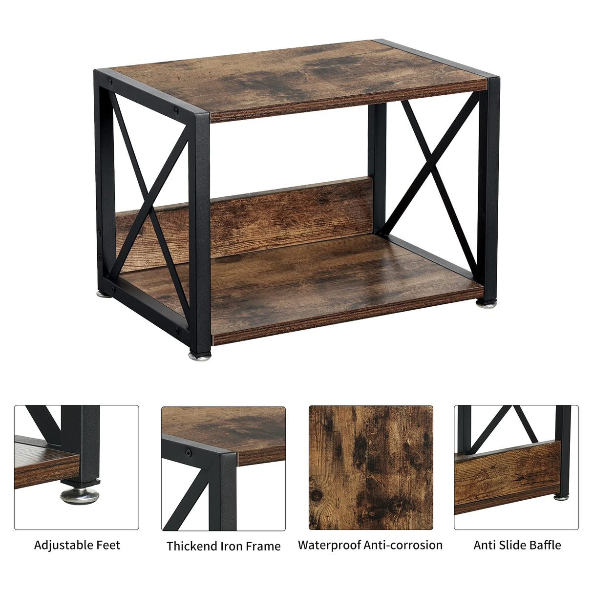 Giikin Desktop Printer Stand with 2 Tier Wood Storage Shelves, Multi-Purpose Desk Organizer for Fax Machine, Scanner, Files, Books, Rustic Brown Printer Shelf with Adjustable Anti-Skid Feet (Brown) Giikin