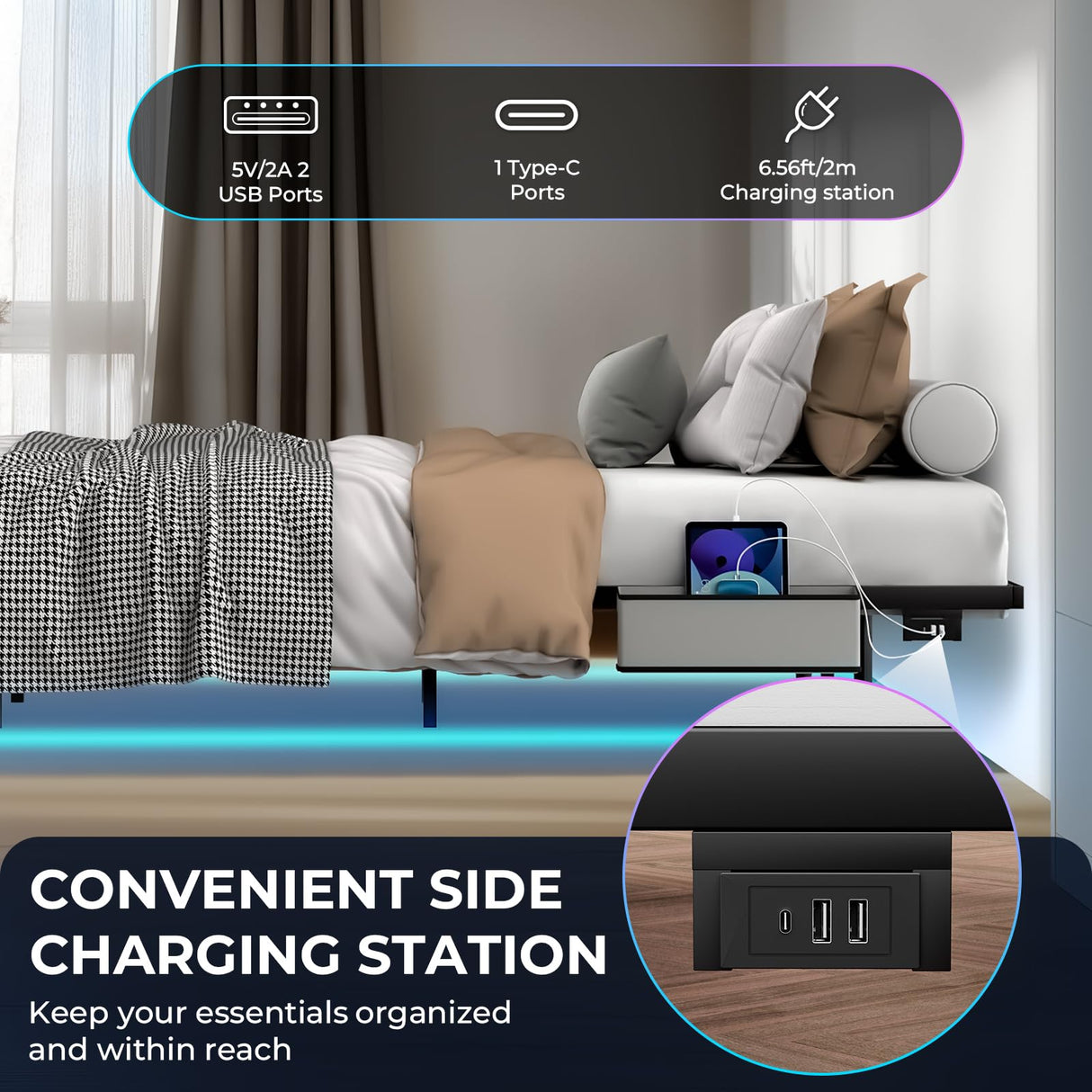Tatub Queen Floating Bed Frame with LED Lights, Charging Station & Mattress Stabiliser Tatub