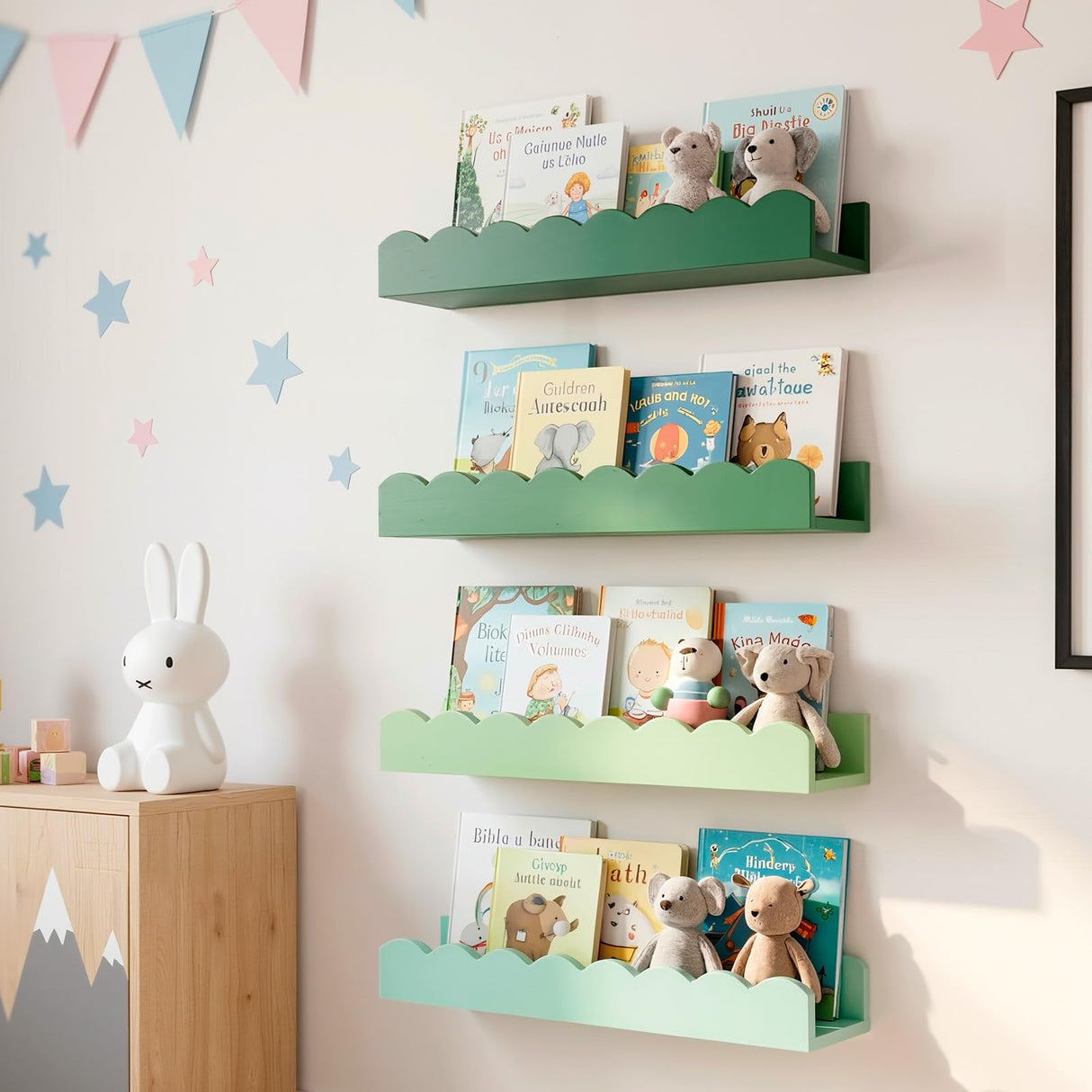 Fiwochic 4 Pcs Sage Green Scalloped Nursery Book Shelves, 15.75 Inch Wood Floating Wall Shelves for Bedroom, Cute Room Shelf for Picture Ledge Stuffed Animal Home Decor Kitchen Spice Fiwochic