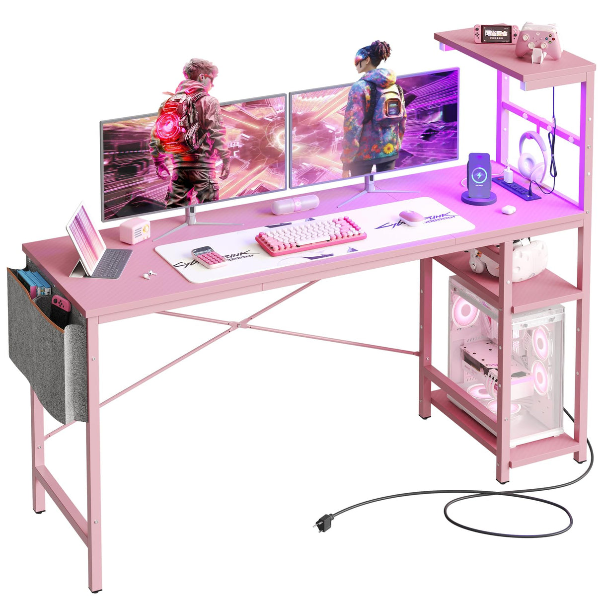 Bestier Gaming Desk with Power Outlets, 61 Inch Large Led Gamer Desk with 4 Tiers Reversible Shelves, PC Gaming Table with Headset Hook & Side Storage Bag for Bedroom (Pink 3D Carbon Fiber) Bestier