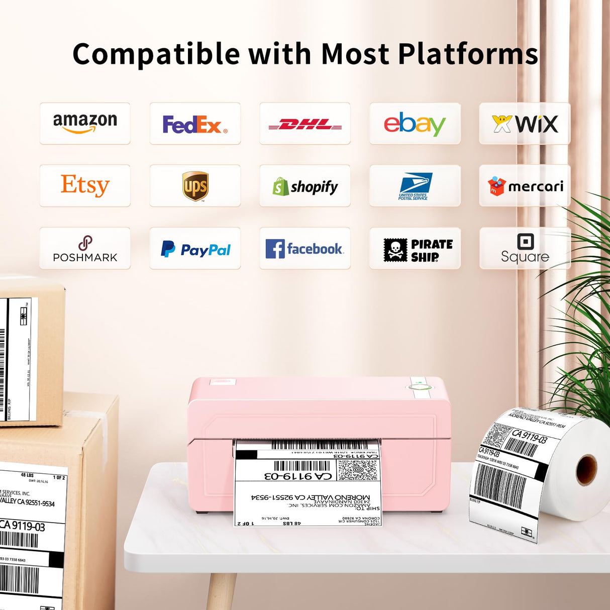 JADENS Bluetooth Thermal Label Printer 4x6, Pink Wireless Shipping Label Printer for Small Business & Packages, Compatible with iOS, Android, Mac, Windows, Amazon, Etsy, Ebay, Shopify JADENS