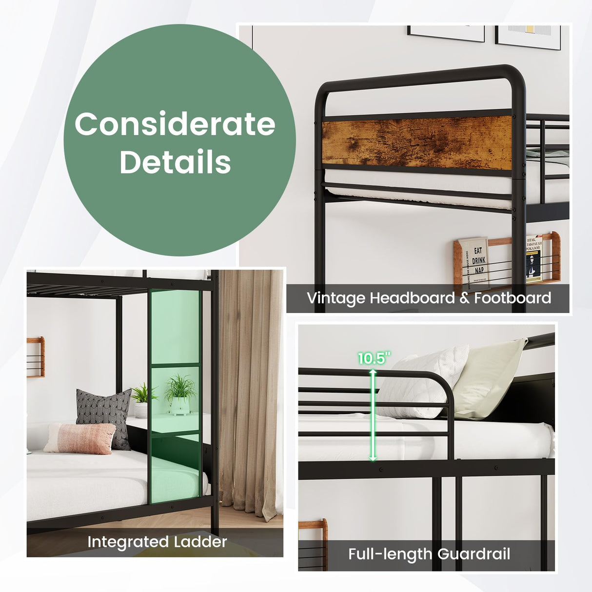 KOMFOTT Metal Twin Over Twin Bunk Bed with Trundle, Industrial Bunk Bed Frame with Ladder, Full-Length Guardrail, Vintage Headboard & Footboard, Noise Free, No Box Spring Needed Bunk Bed KOMFOTT