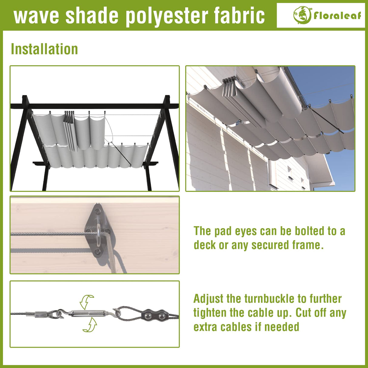 FLORALEAF 4'×16' Pergola Shade Cover Waterproof Retractable Pergola Replacement Canopy Slide Shade Sail with Cable Hardware for Outdoor Patio Porch Garage Deck Backyard Awning FLORALEAF