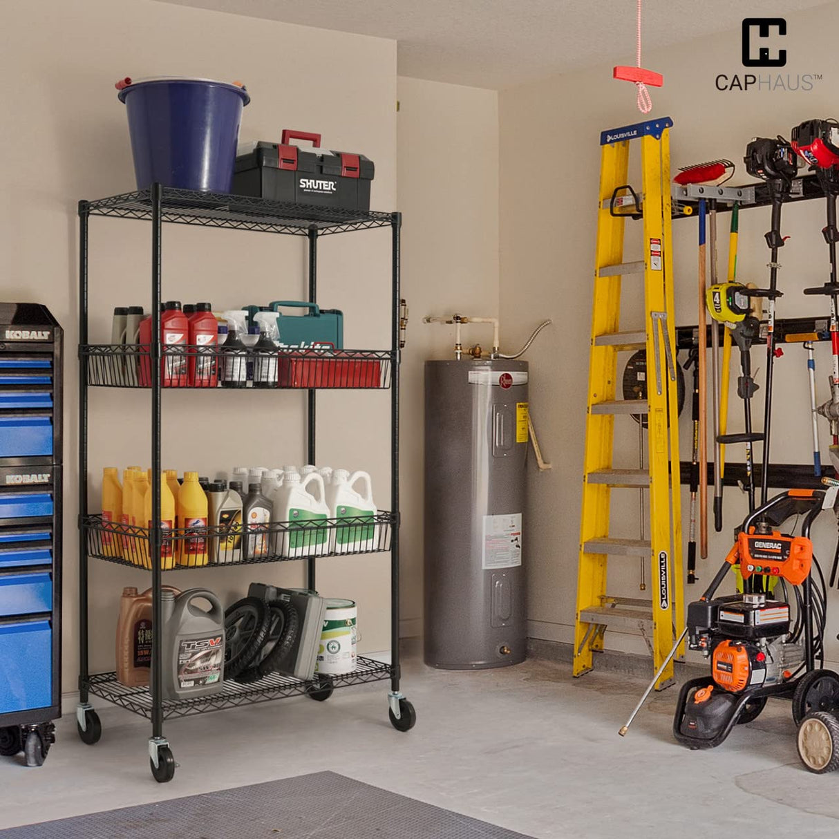 CAPHAUS NSF Commercial Heavy Duty 4 Tier Wire Shelving w/Two Trapezoid Baskets, Wheels, Leveling Feet, Storage Metal Shelf, Basement Garage Shelving Storage, Utility Wire Rack Storage Shelving Black CAPHAUS