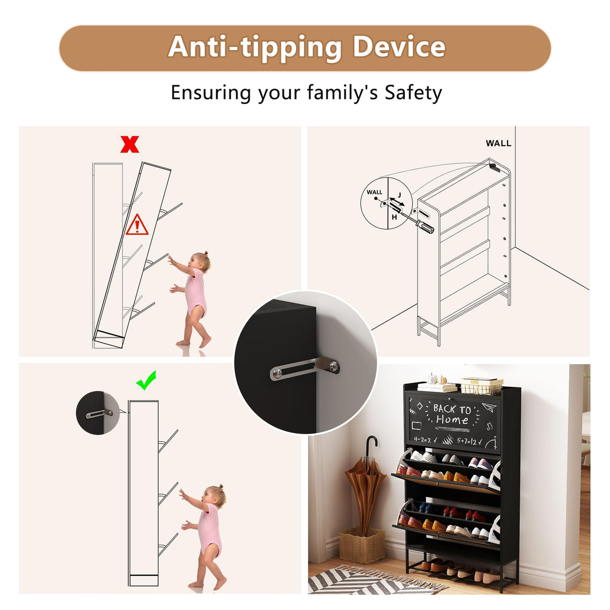 AVZEAR Shoes Cabinet, Narrow Shoes Storage Cabinet with 3 Flip Drawers, Free Standing Shoe Racks Organizer Farmhouse Tipping Bucket with Blackboard, Shoes Cabinet Storage Entryway Hallway, Black AVZEAR