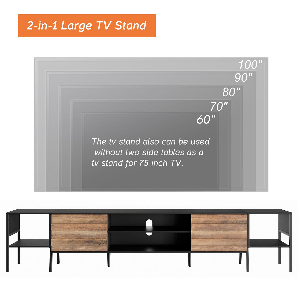 WAMPAT Mid-Century TV Stand for 100 Inch TV, Wood TV Console Media Cabinet with Storage for 85 90 95 inch TV Entertainment Center for Living Room Bedroom, Black & Oak WAMPAT