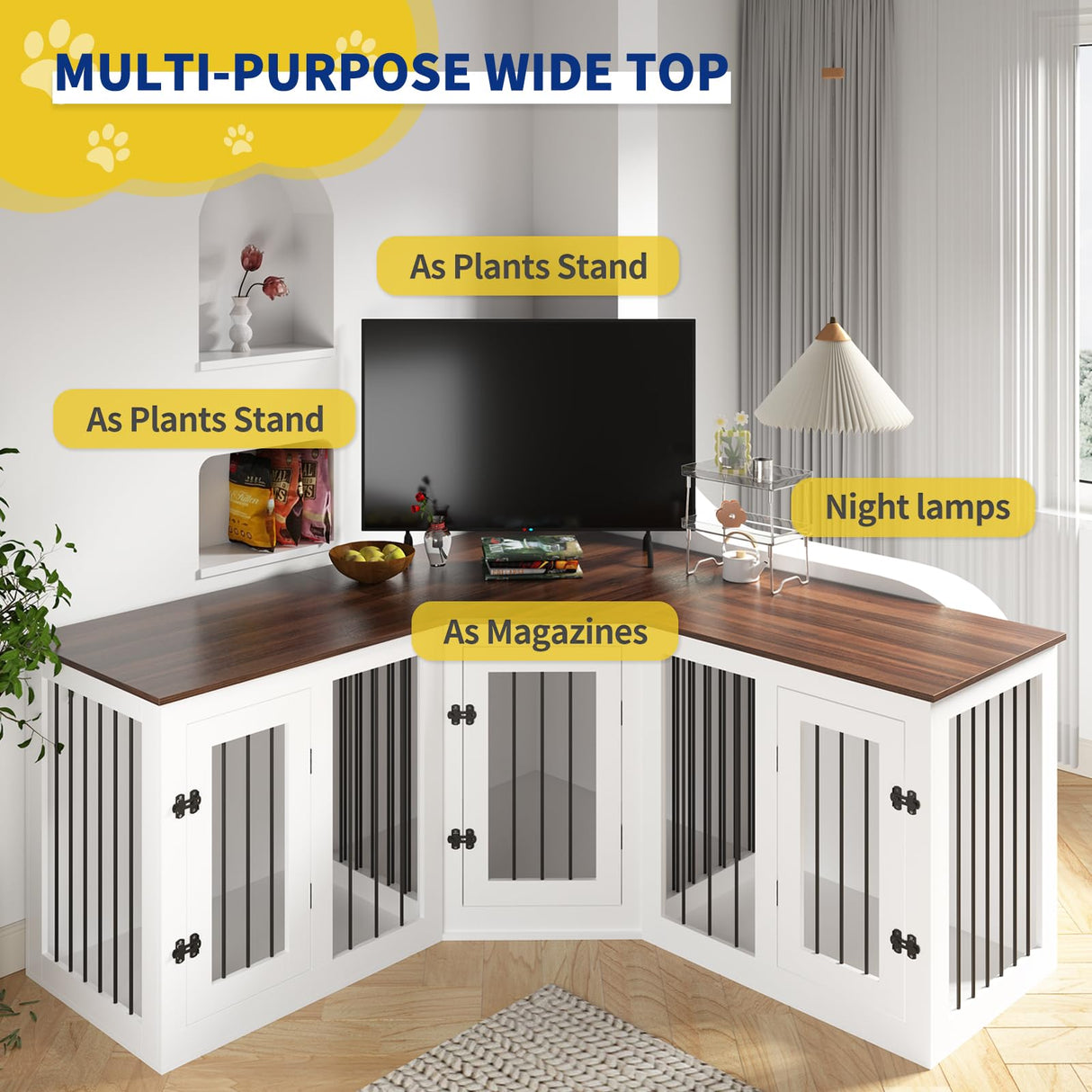 Large Dog Crate Furniture for 3 Dogs, 113'' Corner Dog Crate with Divider, 3 in 1 Heavy Duty Indoor Wooden Dog Kennel Furniture for Small Medium Large Dogs, White DEYGIA