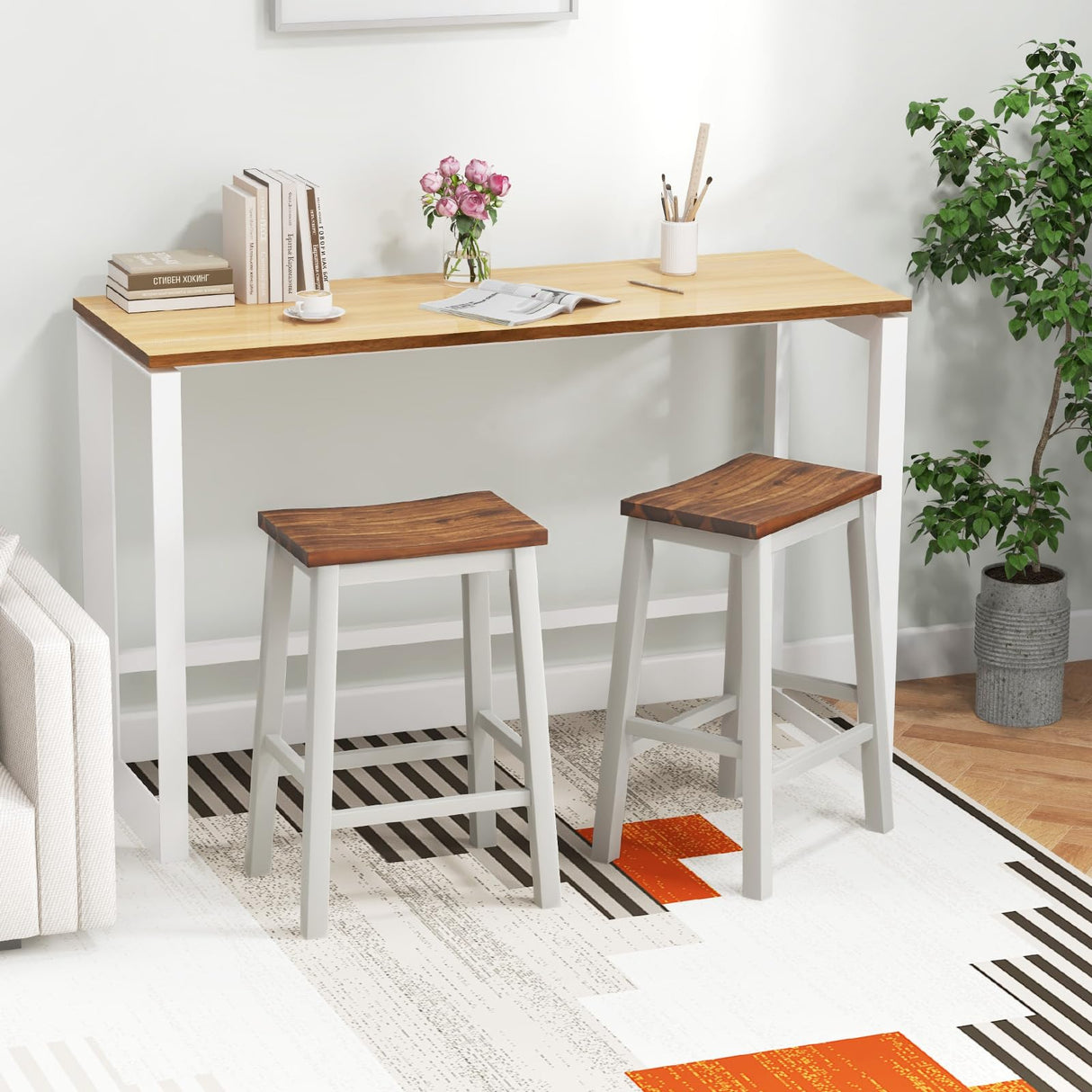 COSTWAY 24.5 Inch Bar Stools Set of 2, Solid Wood Saddle Stools w/Footrests, Industrial Counter Height Breakfast Stools for Kitchen Island, Dining Room, Living Room & Bar, White & Walnut COSTWAY