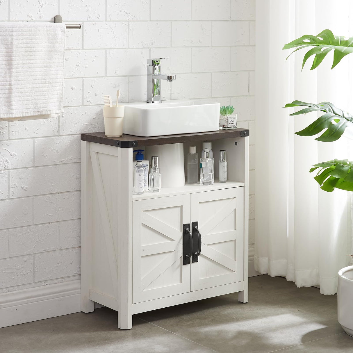 Minifeel Bathroom Floor Cabinet, Farmhouse Bathroom Storage Cabinet, Adjustable Shelf, Barn Doors, Cabinet for Bathroom, Kitchen, Living Room (Antique White) Minifeel