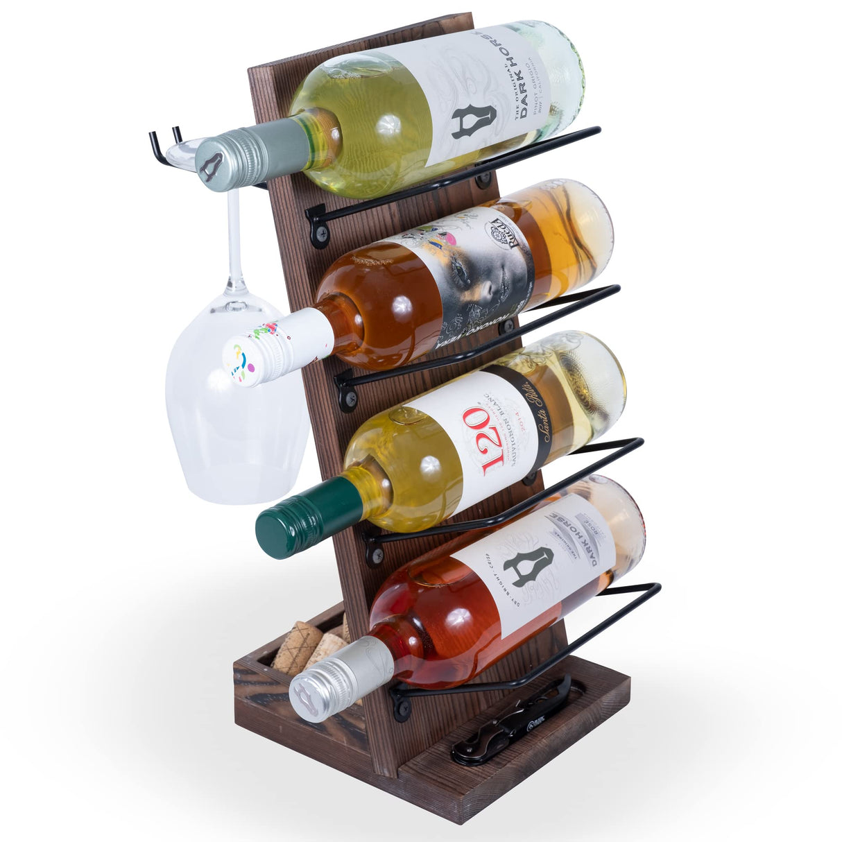 Rustic State Rueda Tabletop Wine Rack for 4 Bottles with 2 Stemware Glass Holder and Cork Storage Countertop Tray Freestanding Bar Organizer, Walnut Rustic State