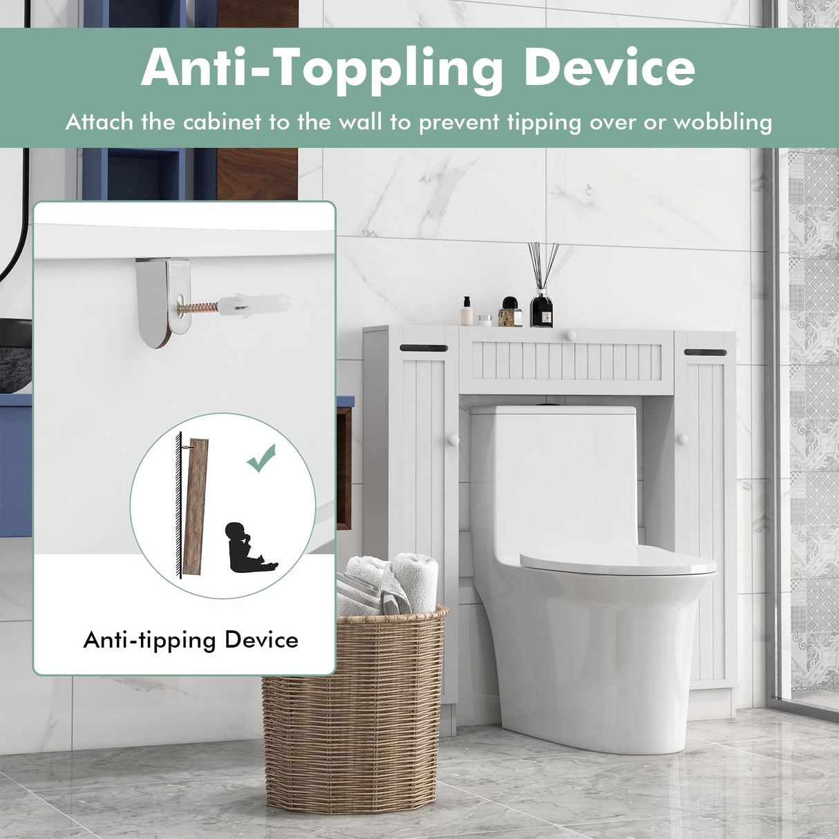 Tangkula Over The Toilet Storage Cabinet, Bathroom Space Saver w/Adjustable Shelves & Paper Holder, Freestanding above Toilet Organizer w/ 2 Side & Pull-Down Door for Bathroom Storage (White) Tangkula