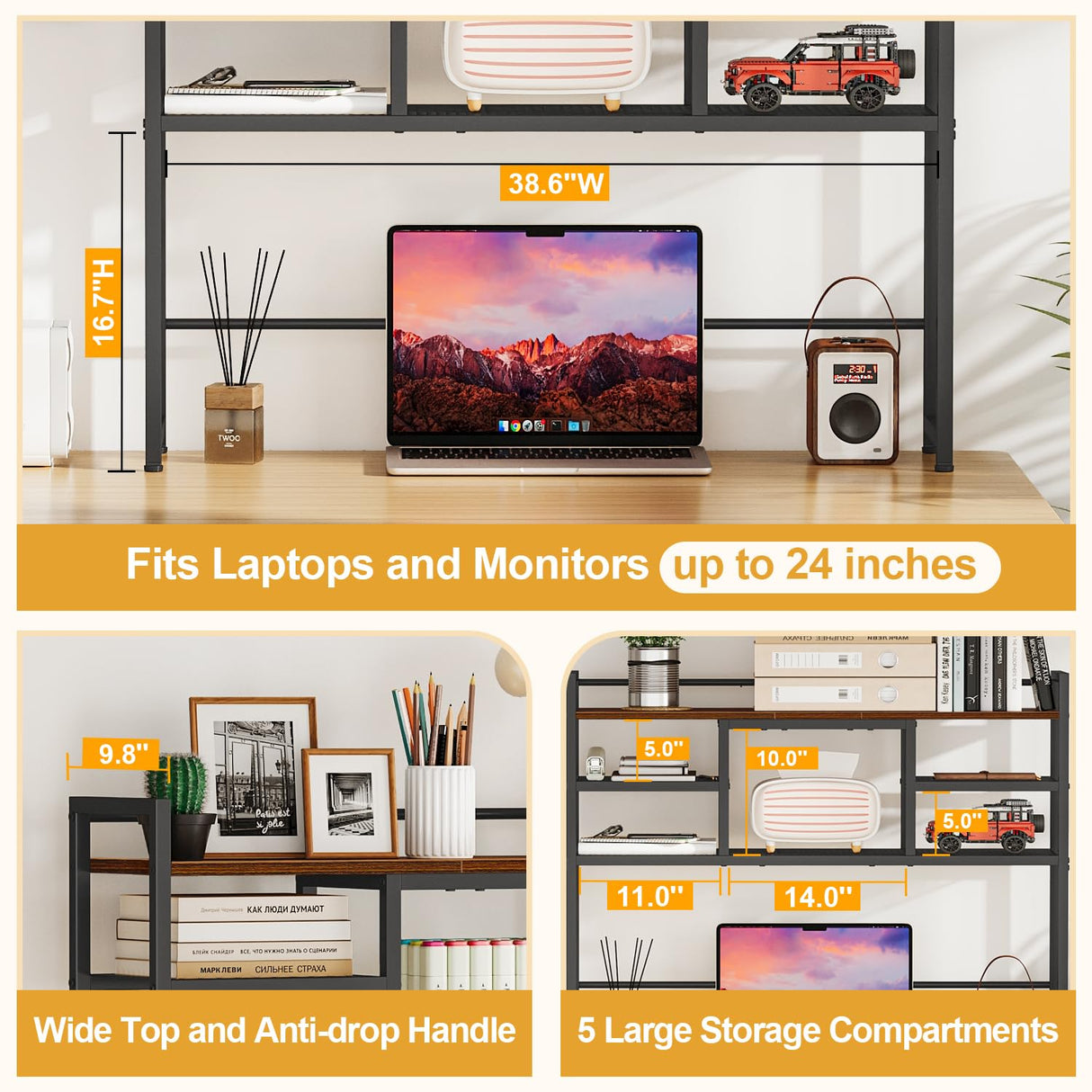 Snughome Desk Shelf, 38.6" Desktop Bookshelf, Desk Hutch Dorm, Countertop Storage Hutch with 5 Shelves for Computer Desk, Multipurpose Wood Desktop Display Organizer Rack for Home Office Dorm Snughome