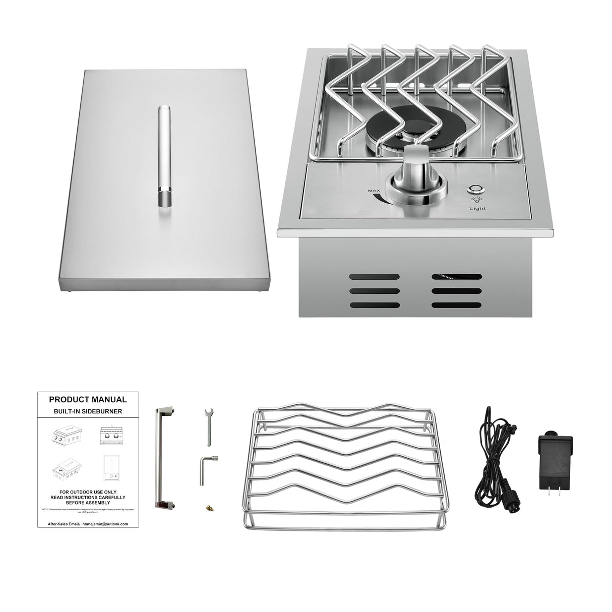 Single Grilling Side Burners for Outdoor Grill, 15,000BTU Natural Gas Side Burner, Sturdy 304 Stainless Steel, with Liquid Propane Kit, Drop-in Side Burner for Outdoor Kitchen BBQ Island Livory