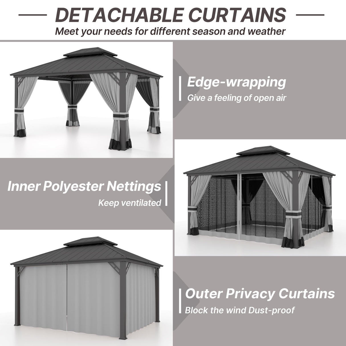 Gotland 12' x 14' Grey Hardtop Gazebo with Curtains and Netting, Double Roof Iron Metal Pergola for Patio, Garden, Lawn Gotland