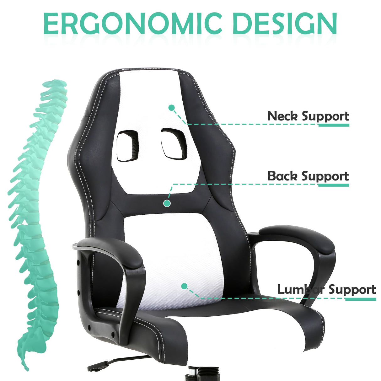 White Massage Gaming Chair for Kids, Ergonomic Office Chair Computer Chair with Adjustable High Back & Armrest, PU Leather Gamer Chair with 360°Swivel, Heavy Duty Gaming Chairs for Adults, Teens BORGEBY