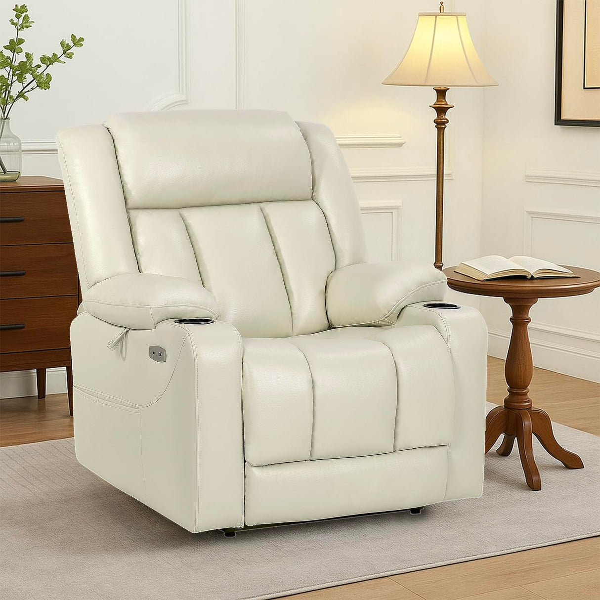 EONIX Dual Motor Oversized Power Lift Recliner Chair for Elderly, 400lbs Heavy Duty Faux Leather Recliner with Massage and Heat, Lay Flat Big and Tall Lift Chair with Cup Holders, Cream White EONIX