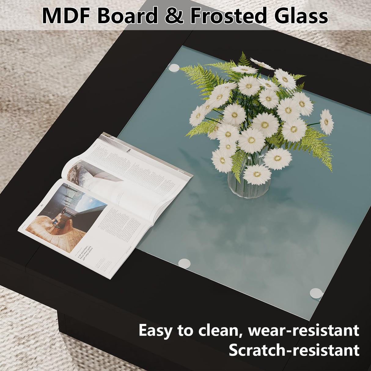 Square Coffee Table with LED Lights, 35.4" Coffee Tables for Living Room, Tempered Glass-top Coffee Table, Black Modern Center Table, Engineered Wood Low Coffee Tables for Home Office Gyfimoie