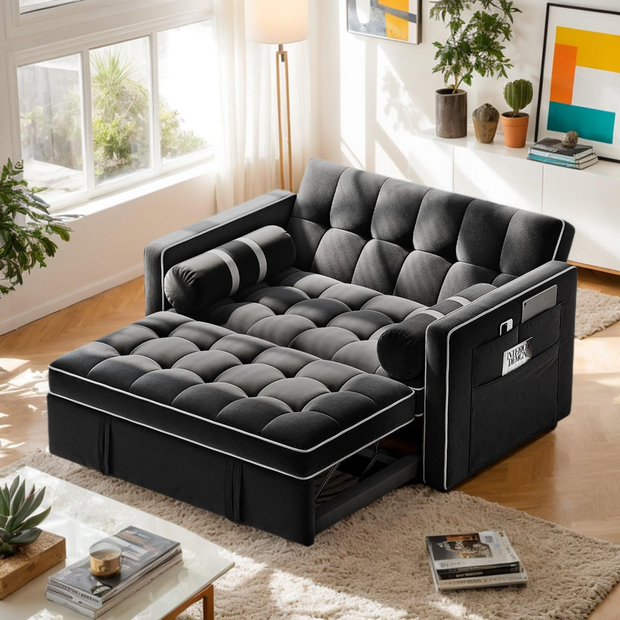Pipishell 3 in 1 Convertible Sleeper Sofa Bed,Pull Out Couch for Living Room with USB Ports & Side Pockets,Adjustable Backrest,Velvet,Loveseat Sofa Bed,Futon Couches,Black Pipishell